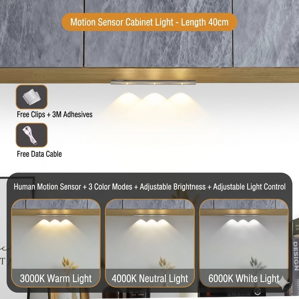 Motion sensor cabinet light in use